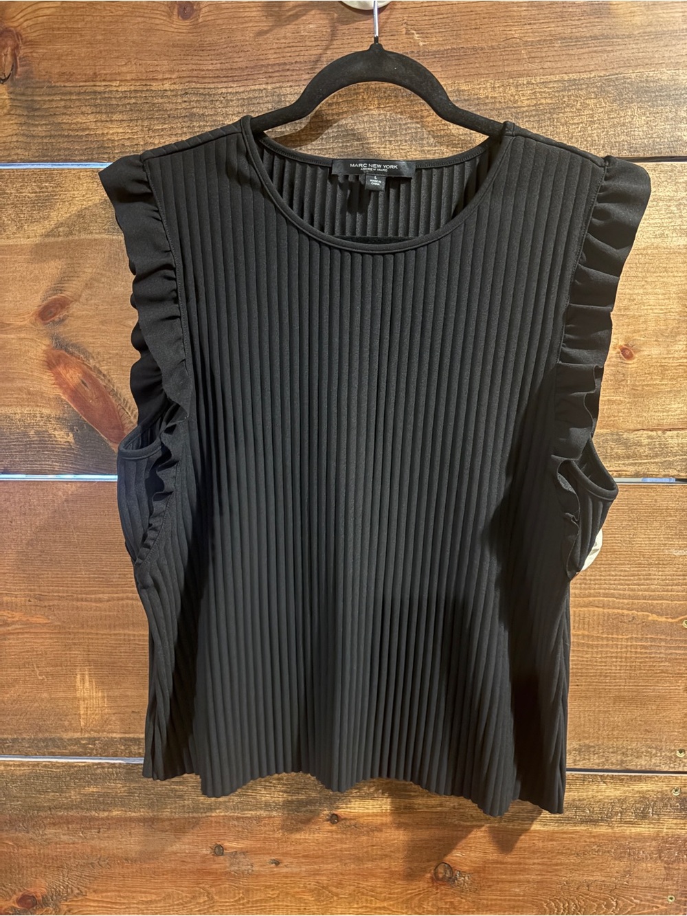 Marc New York Black Pleated Ruffle-Sleeve Tank Top
